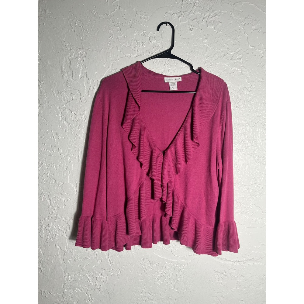 Newport News XL Pink Ruffle Cardigan Sweater Bell Sleeve 100% Cotton